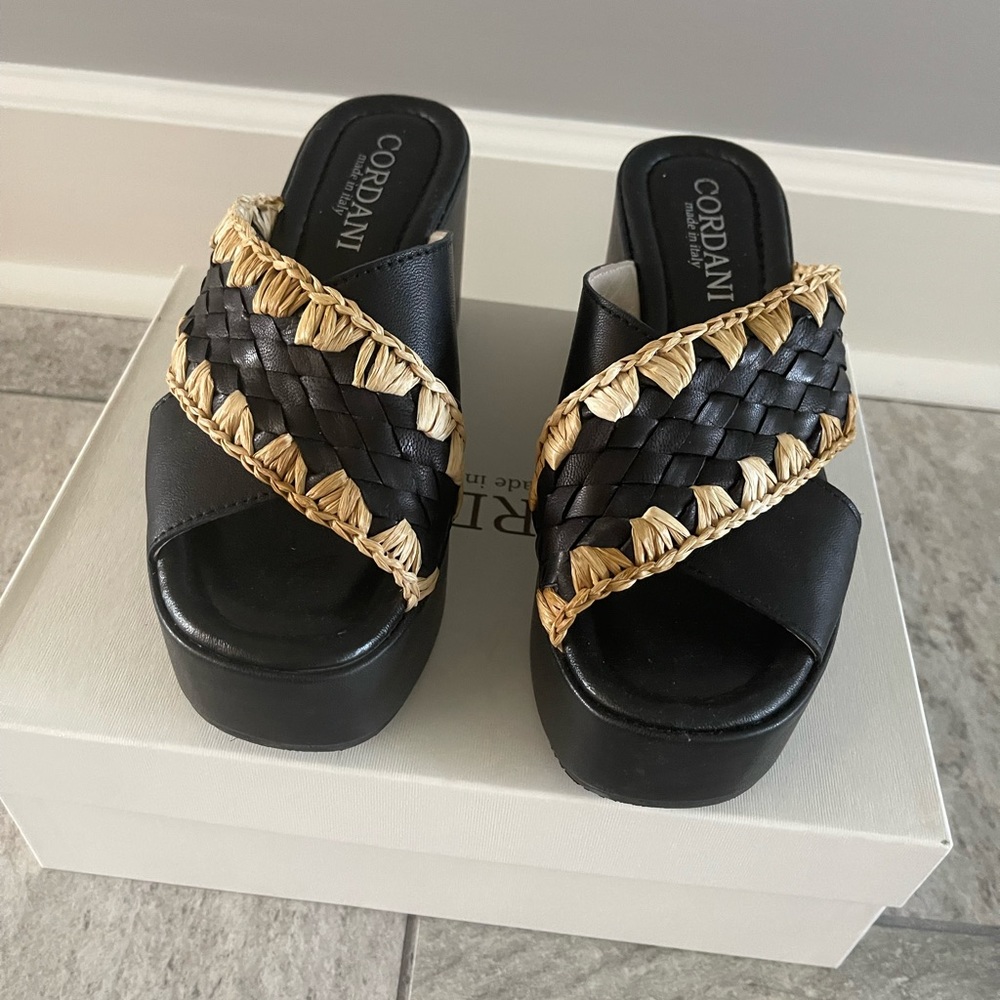 Cordani Black Platform Woven Raffia Trim Slide Sandals